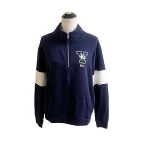 Victoria’s Secret Pink Yale Bulldogs Sequin Sweater 3/4 Zip Up Navy Mock Neck